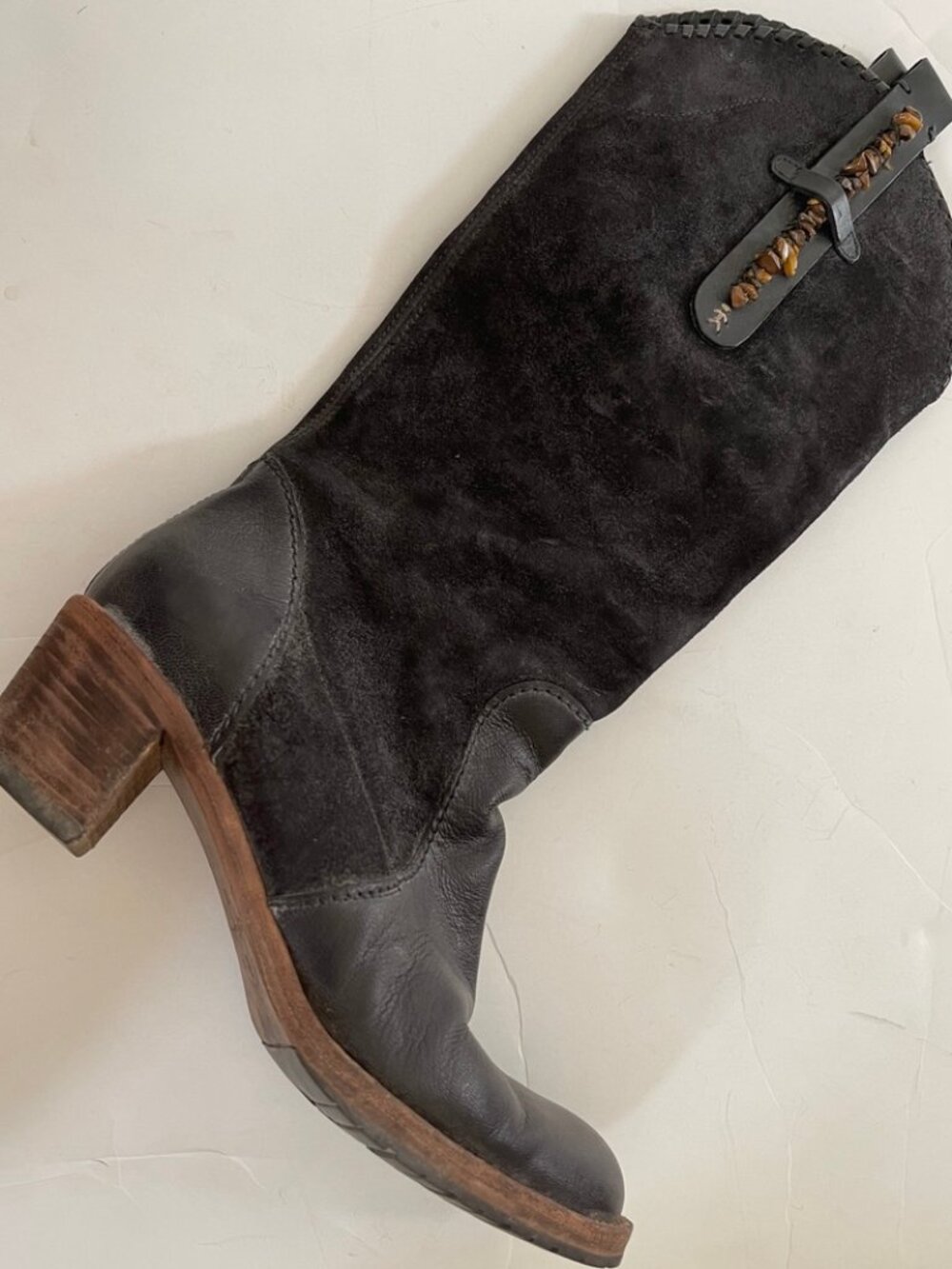 HENRY BEGUELIN Black Suede Whipstitched Boots: Excellent Condition; Size 7.5-8